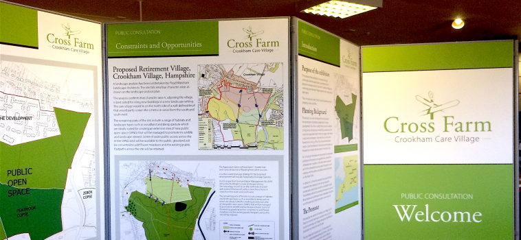 Cross Farm, Crookham Care Village corporate branding and public consultation exhibition